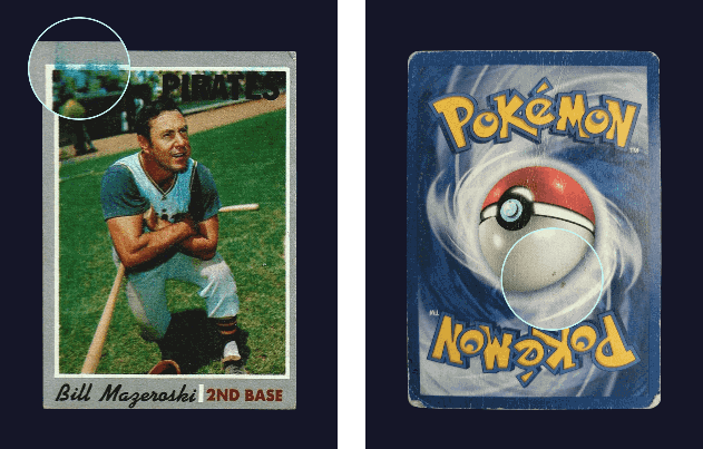 A baseball card with magnified ink stains and a Pokémon card with a magnified wax stain.